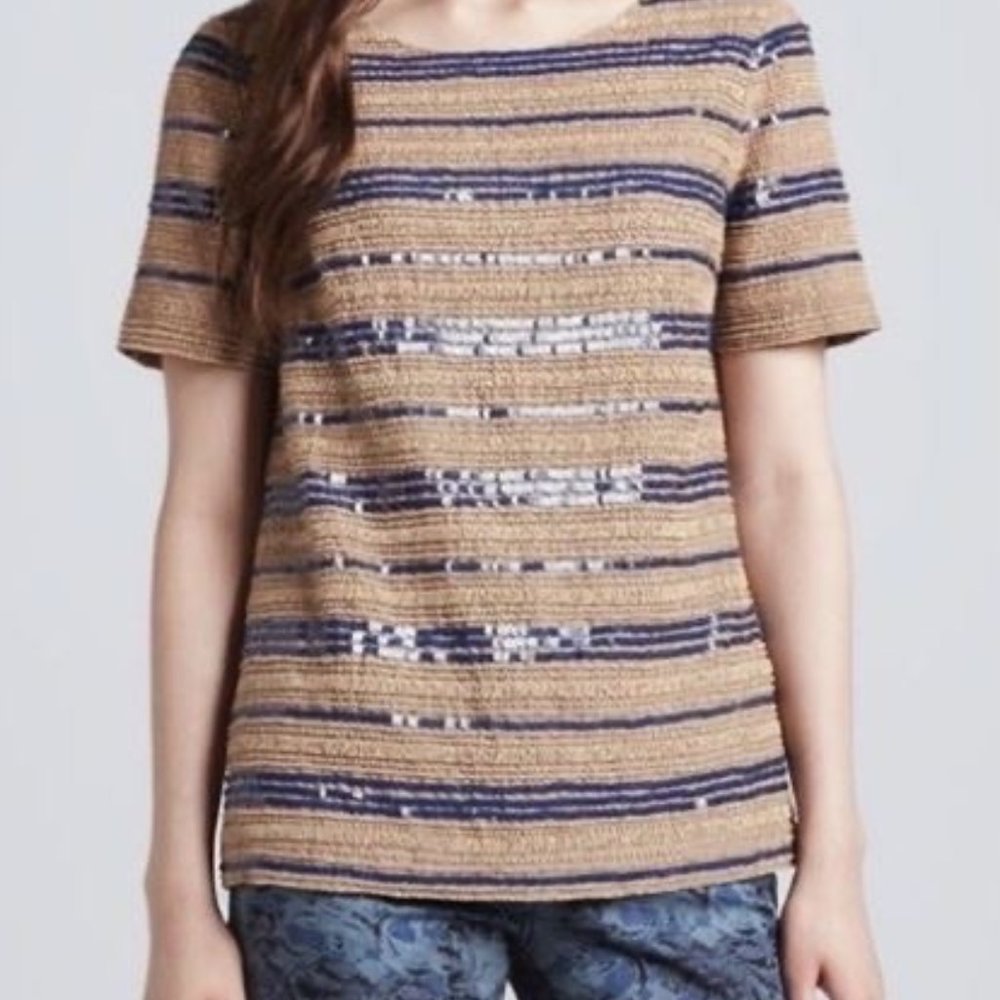 Tory Burch Theresa Sequin Stripe Top Size 4 Brown Blue